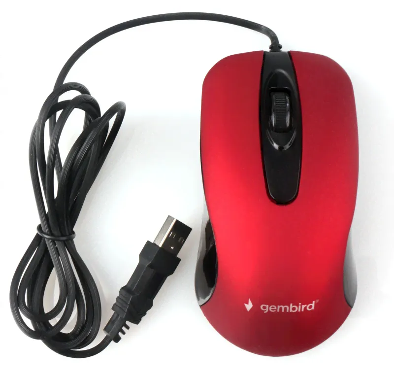 MOP-400-R Мышь Gembird MOP-400-R, USB, красный, бесшумный клик, 2 кнопки+колесо кнопка, 1000 DPI, soft-touch, кабель 1.45м, блистер-0